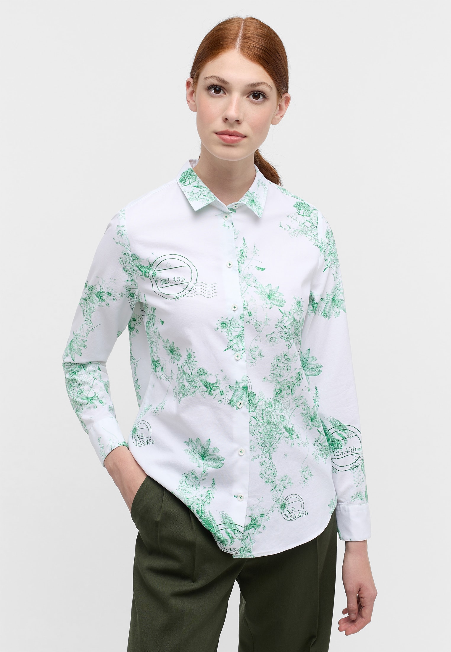 Oxford Shirt Bluse in grün bedruckt | grün | Langarm | 44 |  2BL04169-04-01-44-1/1