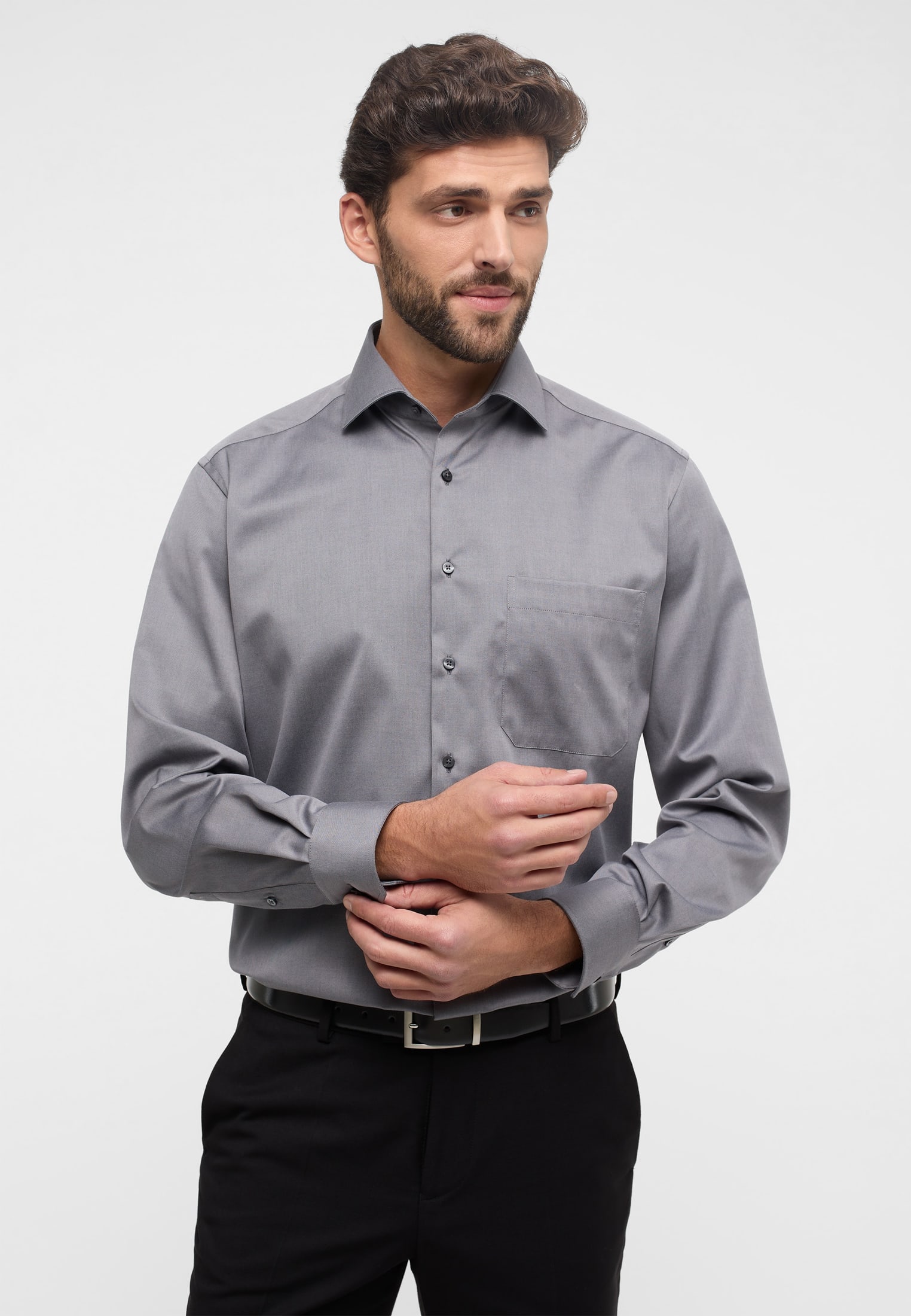 COMFORT FIT Cover Shirt in grau unifarben | grau | 41 | Langarm |  1SH05506-03-01-41-1/1