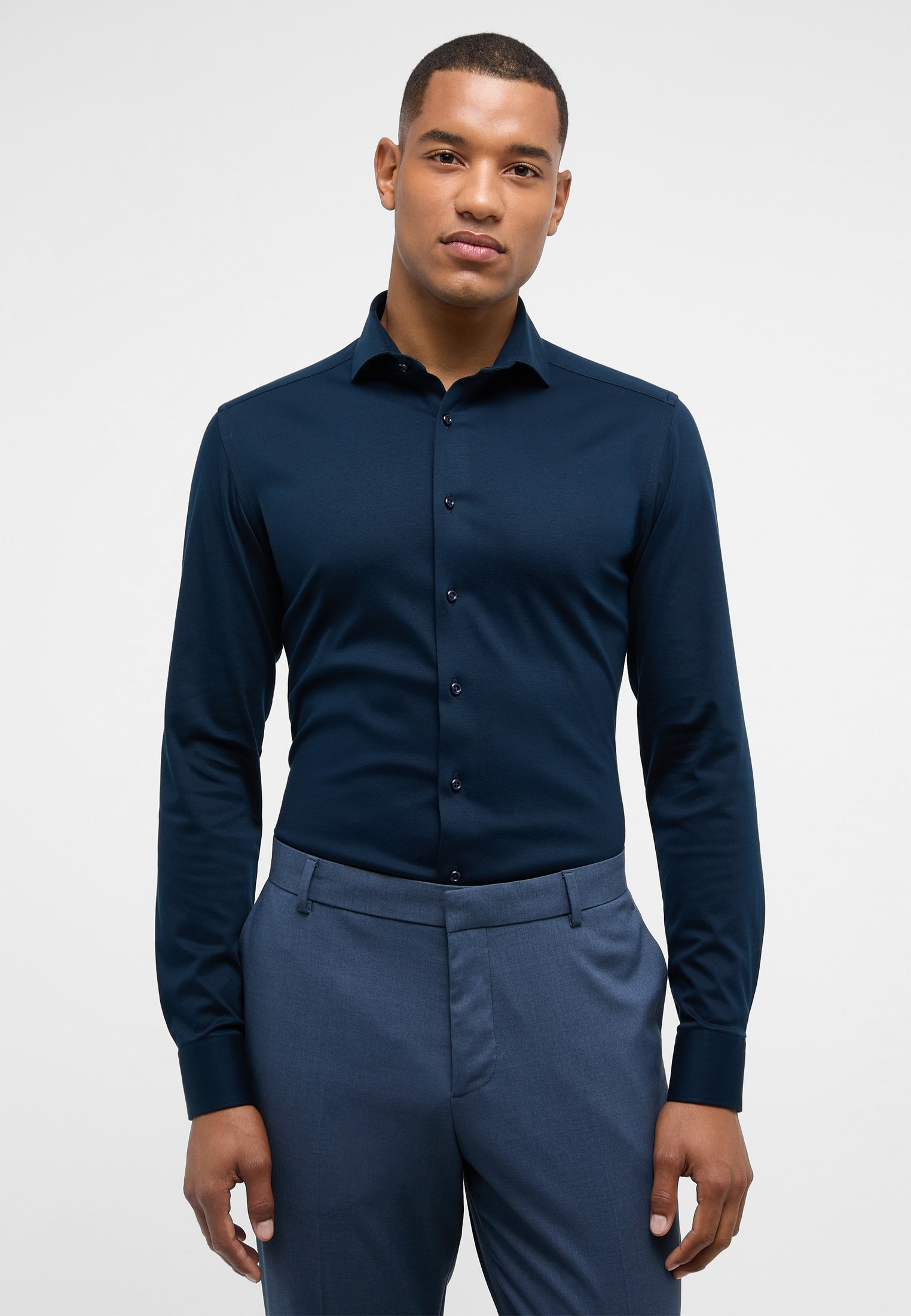 SLIM FIT Jersey Shirt in dunkelblau unifarben | dunkelblau | 40 | Langarm |  1SH00378-01-81-40-1/1