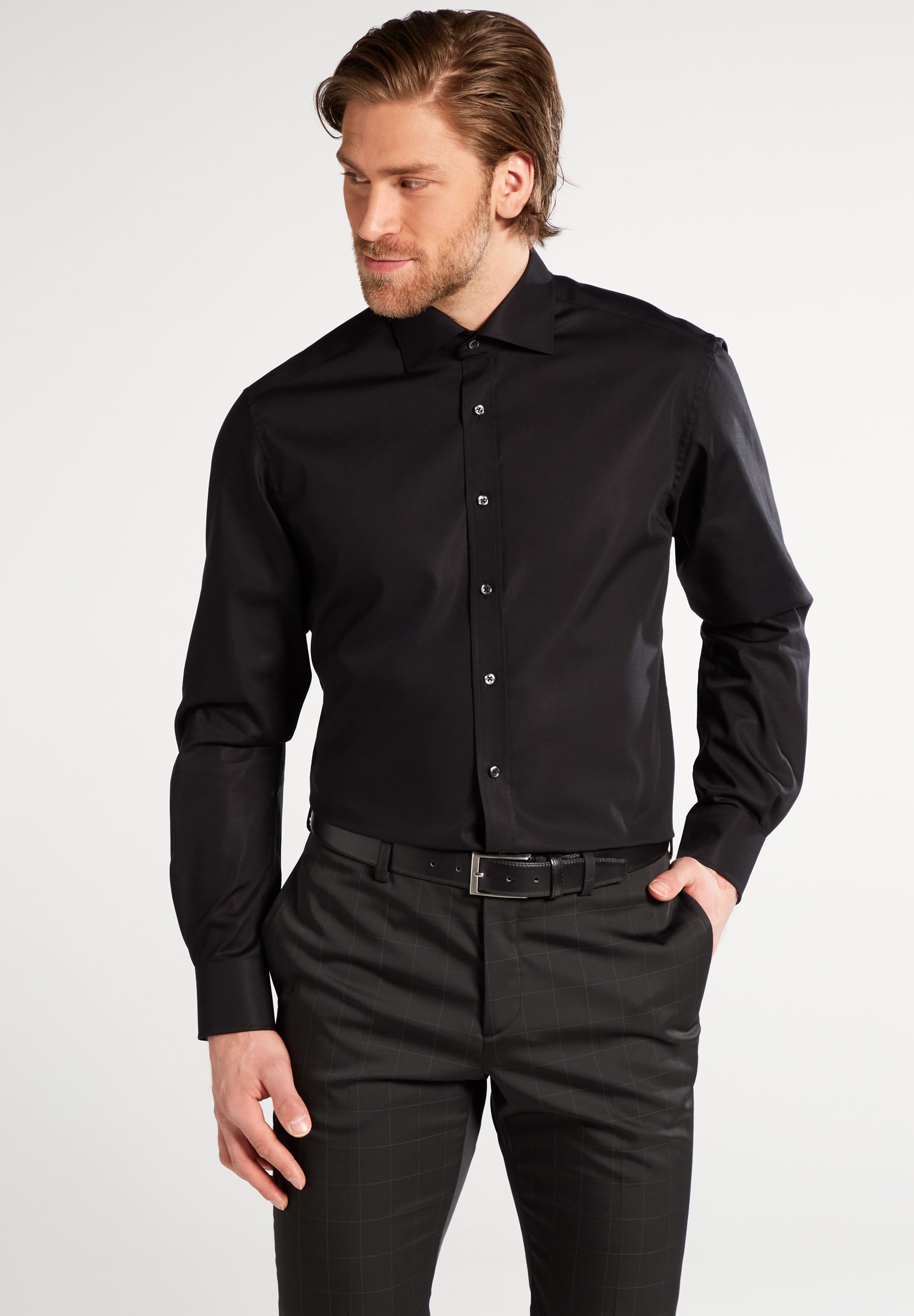 MODERN FIT Original Shirt in schwarz unifarben | schwarz | 41 | Langarm |  1SH00113-03-91-41-1/1